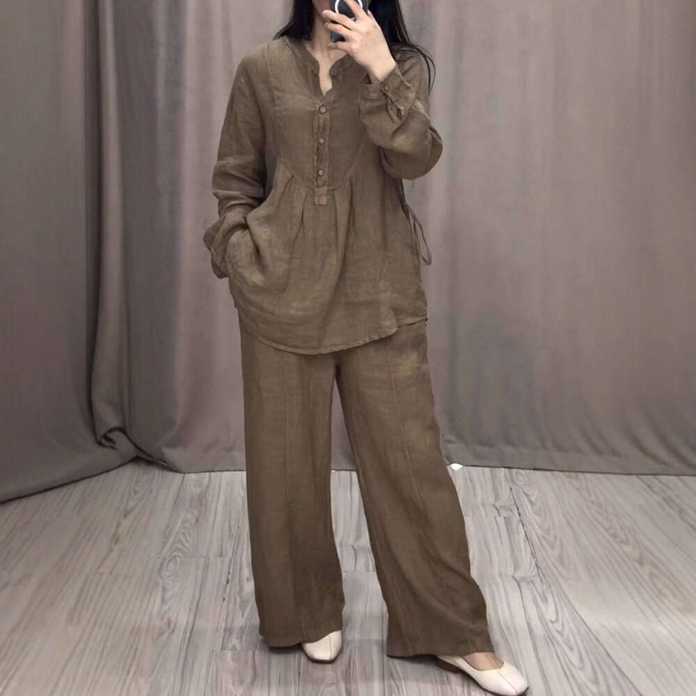 2025 European and American Independent Station Autumn New Fashion Comfortable Cotton Linen Long Sleeve Half-Open Front Casual Pleated Wide-Leg Pants S