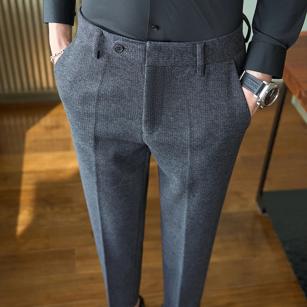 Mens fallwinter wool plush tweed casual suit pants color beige grey size 2938 251110