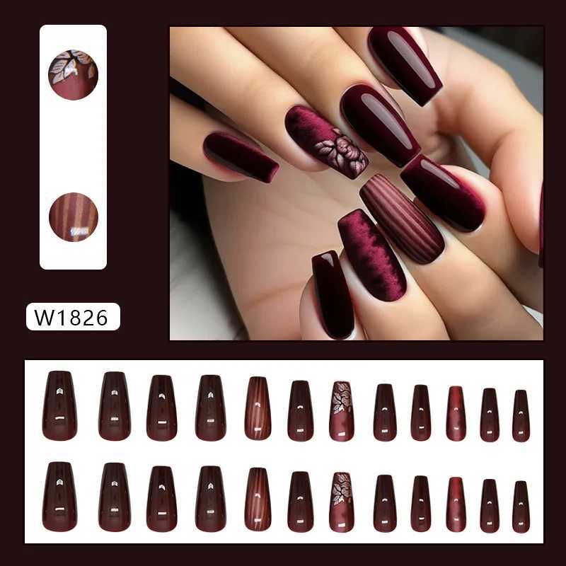 24 pieces of deep red charm pressed on nails pink gradient fake nails smooth artificial fingers reusable female fake nails W250410