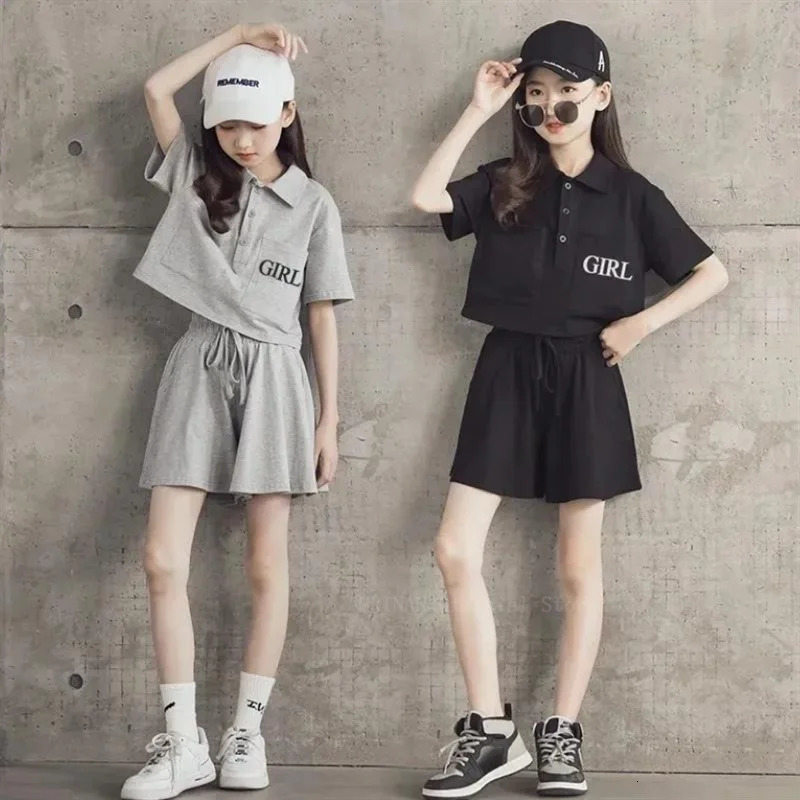 Summer girls leisure sports childrens girls aged 4-16 childrens clothing youth track and field clothes girls two-piece polo shirts shorts 250409