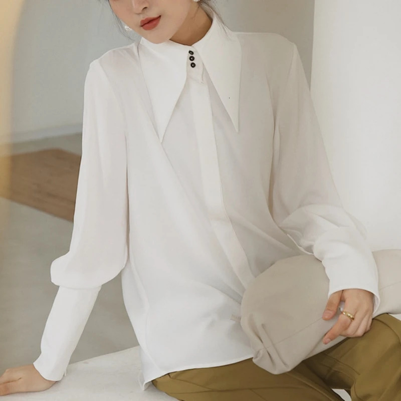 Fashionable and elegant lapel white long sleeved satin shirt fashionable womens retro shirt office womens top Blusas 16946 250409