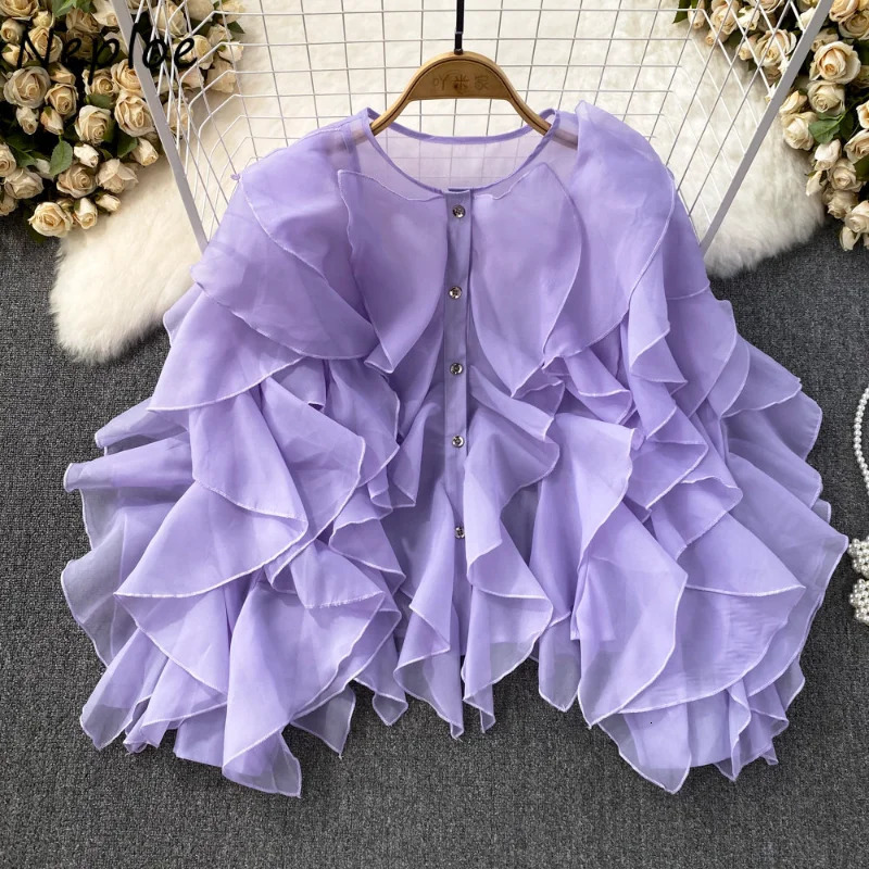 Neploe round neck irregular pleated long sleeved loose single chest shirt French sweet and gentle casual womens clothing 250410
