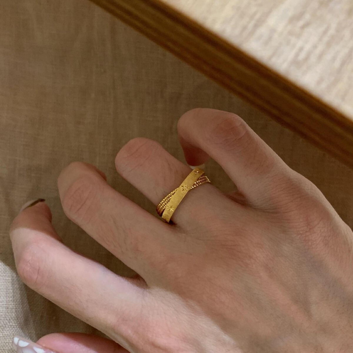 S925 Sterling Silver Designer Ring Mercury Note Small Double Ring Brushed Gold Bead Women's Starlight Ring Retro Style Retro Fashion Ring