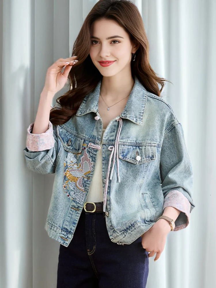 Spring Womens Denim Jacket and Coat Chinese Style Long Sleeve Embroidered Chinese Button Elegant Coat 250409