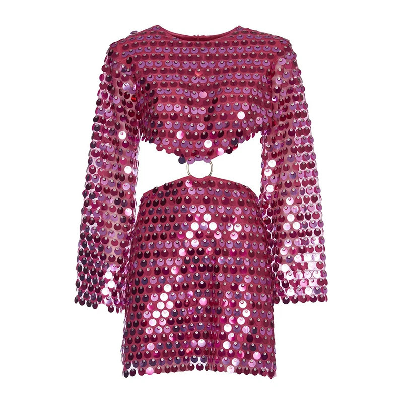 Sparkling hollow mini dress for women fashionable long flash sleeves ultra-thin flash dress street party club mini vest 250403