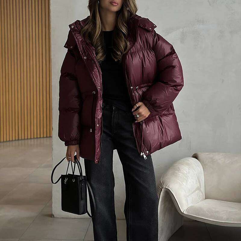 Drawstring Cotton Padded Parka Jackets For Women Hooded Collar Folds Zip-Up Fashion Solid Autumn Winter Warm Outerwear