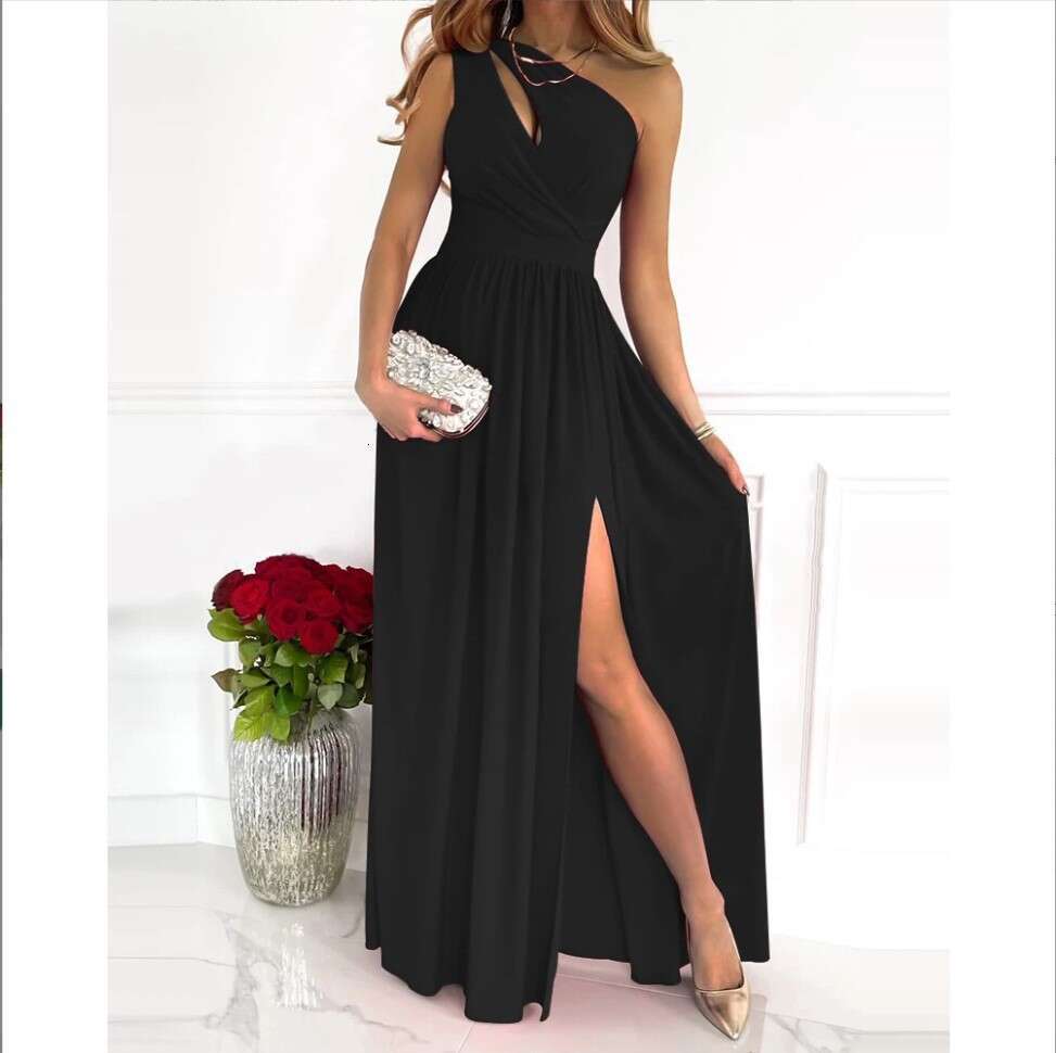 European and American women's slanted shoulder long skirt sleeveless sexy high waist slit dress 2025 temperament versatile new trendy clothing in