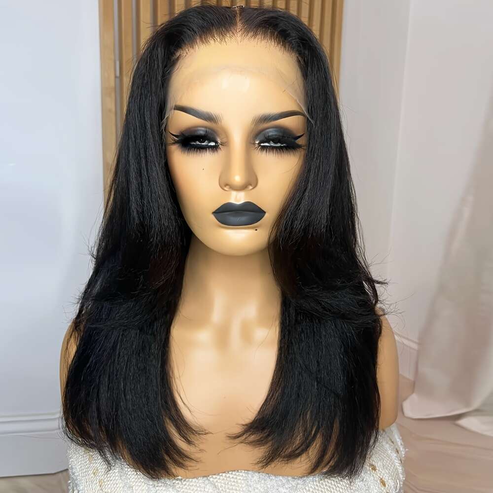 13X4 Frontal Wig Brazilian Virgin Remy Human Hair - 180% Density Kinky To Yaki Straight 'S Hair, Transparent Lace With Natural Hairline, Full Vol