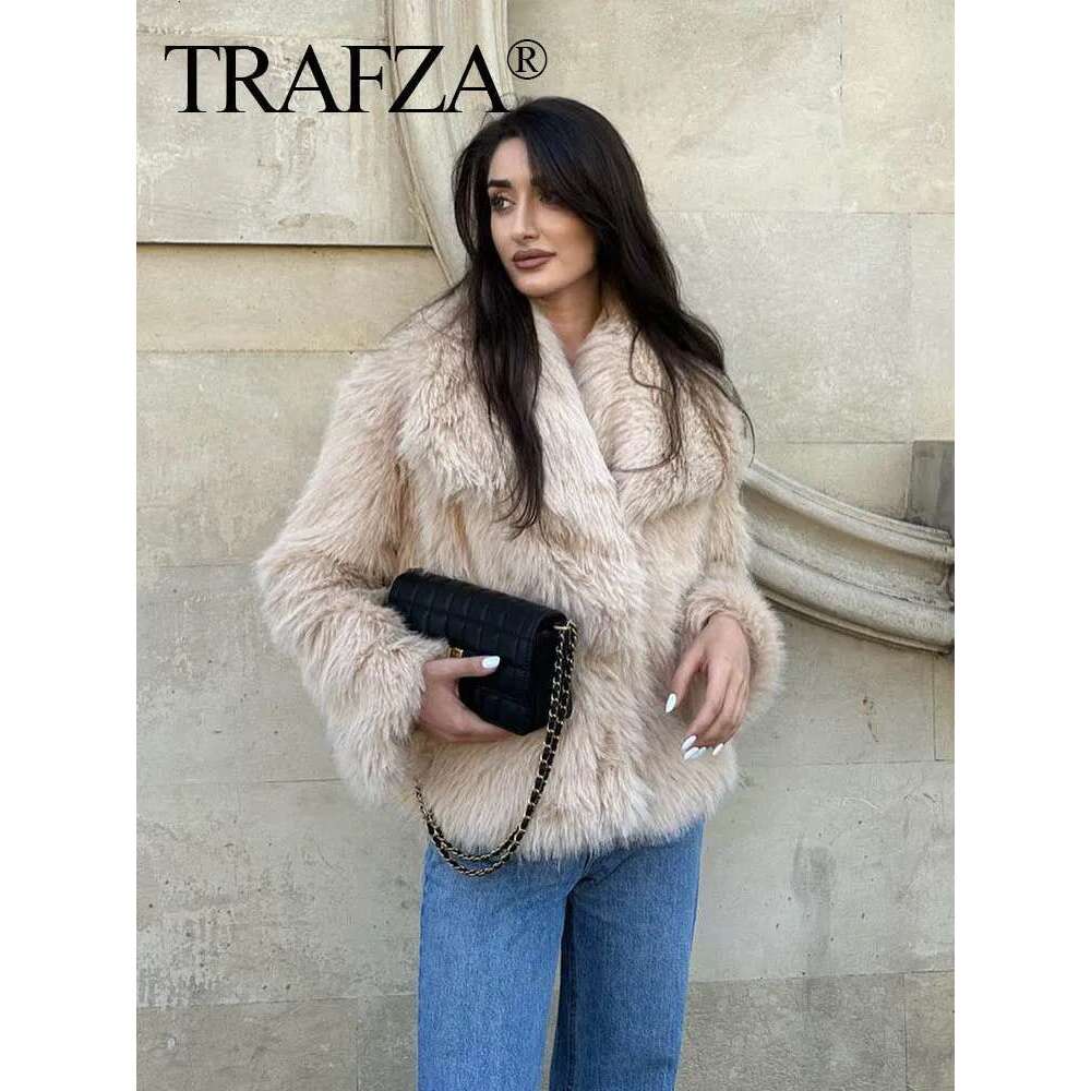 TRAFZA Women Fashion Cropped Faux Fur Jacket Long Sleeve Front Snap-Button Female Outerwear Chic Lapel Collar Thick Coat