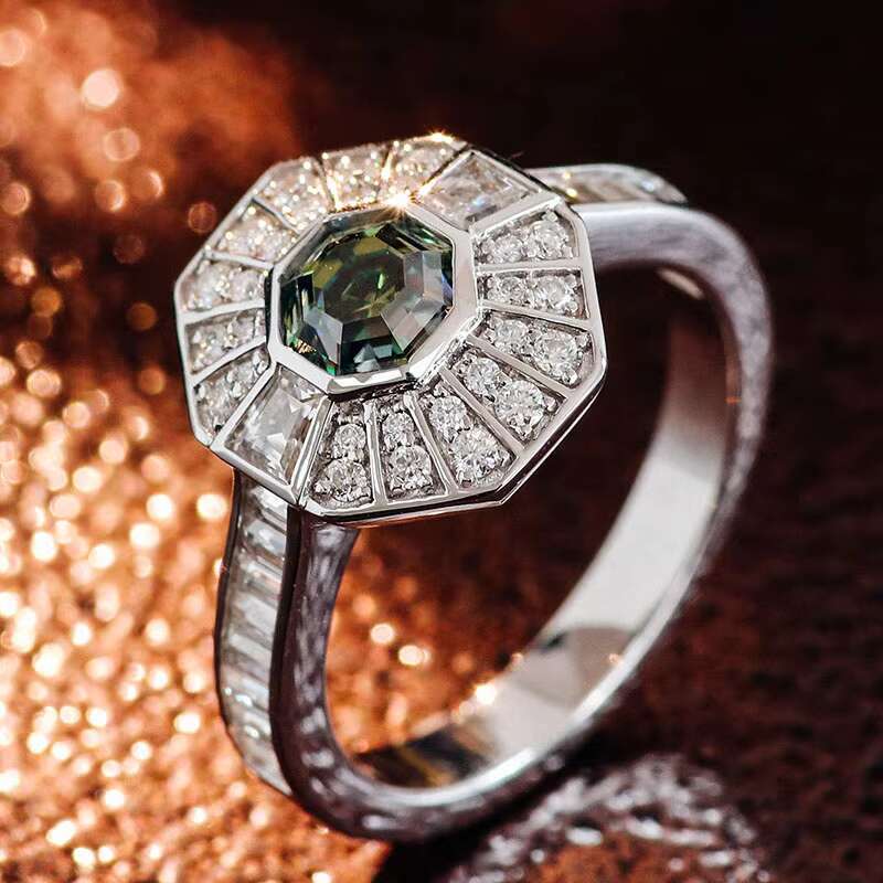 Custom Asscher Cut Green Molissanite Ring DEF VVS Round Moissanite Engagement Ring Fine Jewelry Gemstone 14k Gold Ring