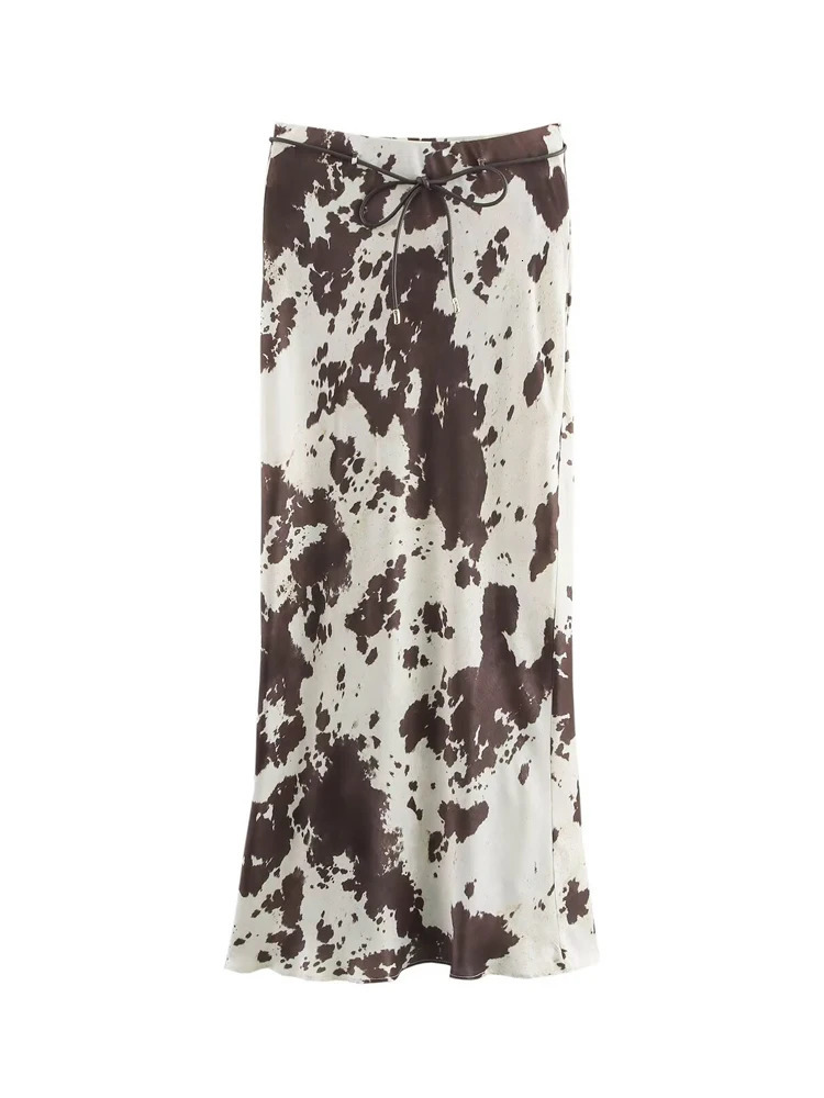 Traf Print Satin Long Womens High Waist Midi Leather Spring Belt Cylinder Retro Set 250410