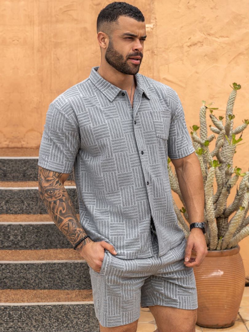2024 Summer New Mens Leisure Sports Set Jacquard Knitted Shirt Mens Short Sleeve Set Trendy