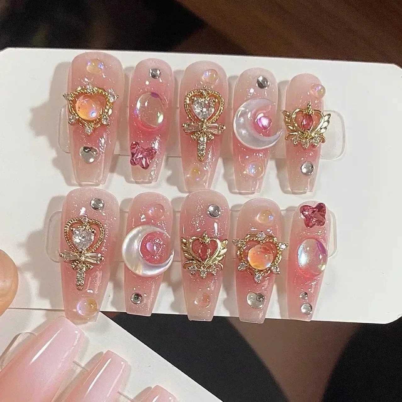 0pcs hand pressed long ballet blue fake nails with 3D ocean moon rhinestone design complete set of nail tips W250410