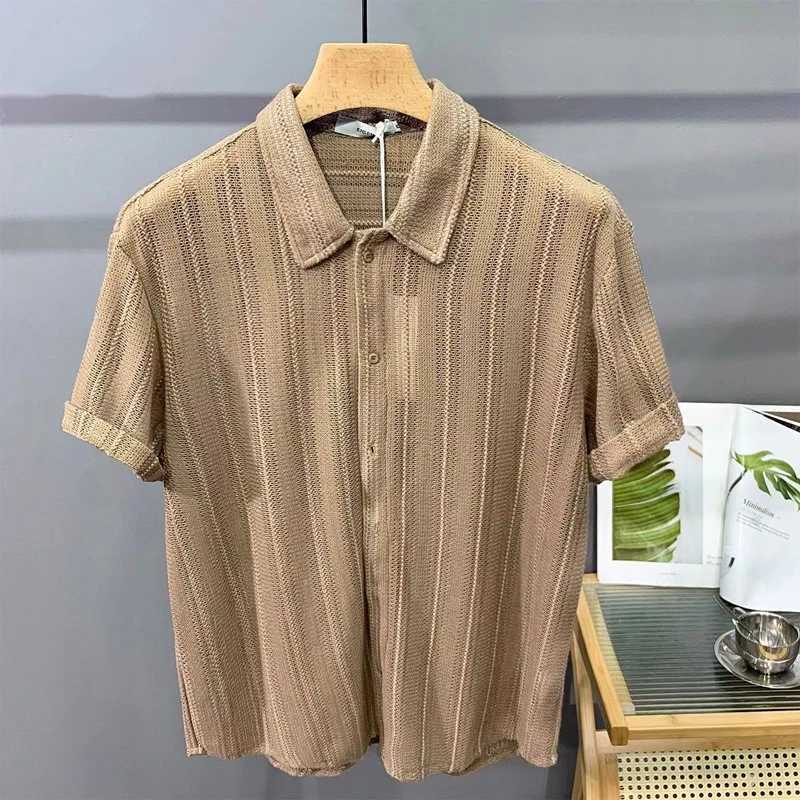 Summer Knitted Hollow Short Sleeve Mens Thin Breathable Trend Ruffle Handsome French Luxury Dress Hawaiian Mens Shirt X250410