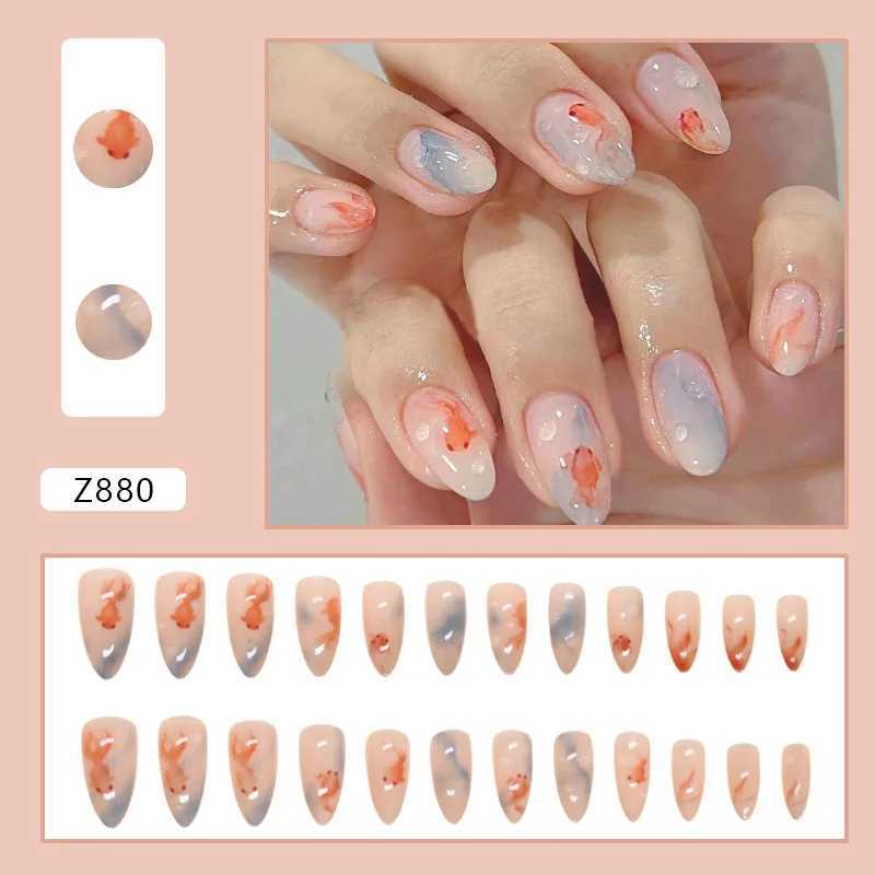 24pcs Ins Simple False Nails Goldfish Pattern Almond Fake Nails Wearable Detachable Simple Nude Pink Press W250410