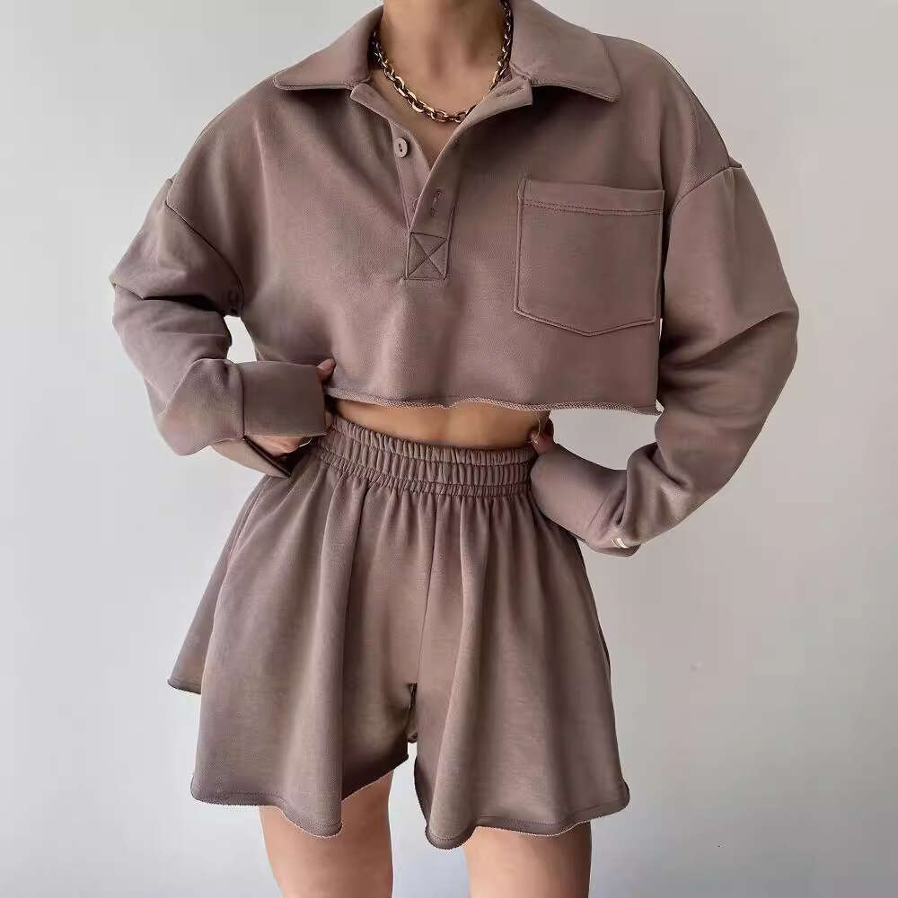 2024 European and American new solid color long sleeved short casual cardigan top drawstring shorts set