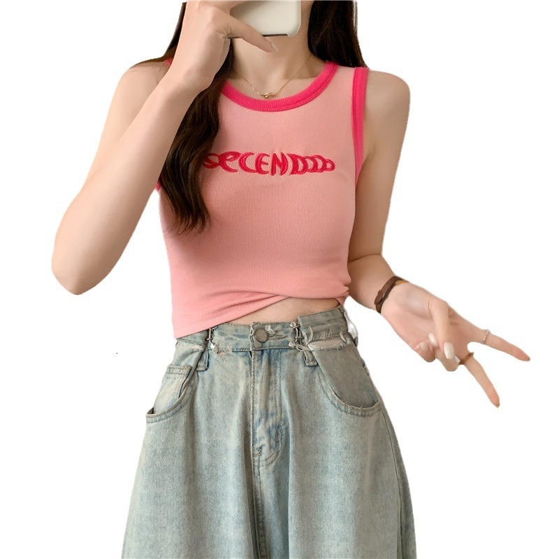 2025S Designer Women's T-shirt Camisole Vest Short Sleeved Inner Summer Short Style Exposed Navel Fashionable Slim Fit Spicy Girl Sleeveless Top 