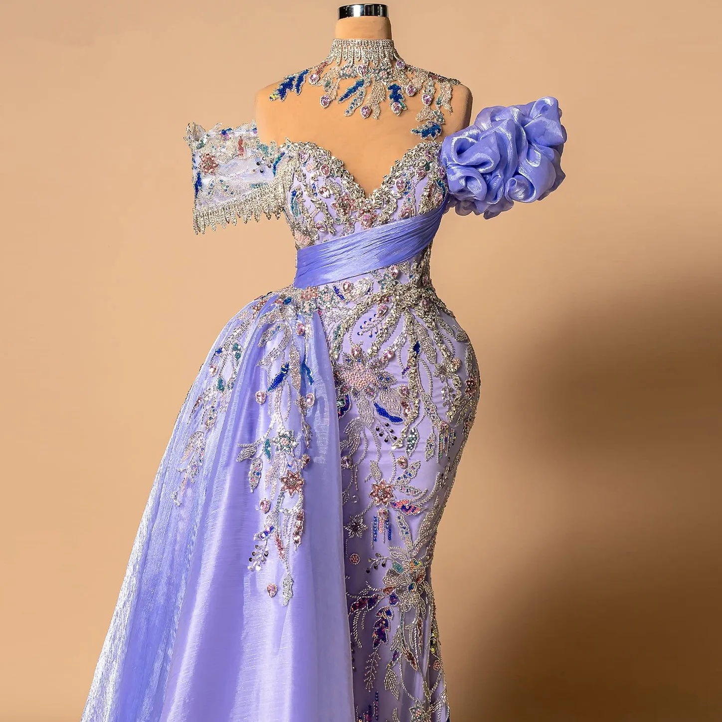 Gorgeous Evening Dresses For Women Crystal Sequins Appliques Gown High Neck Off Shoulder Sweep Train Dress Party Custom Made