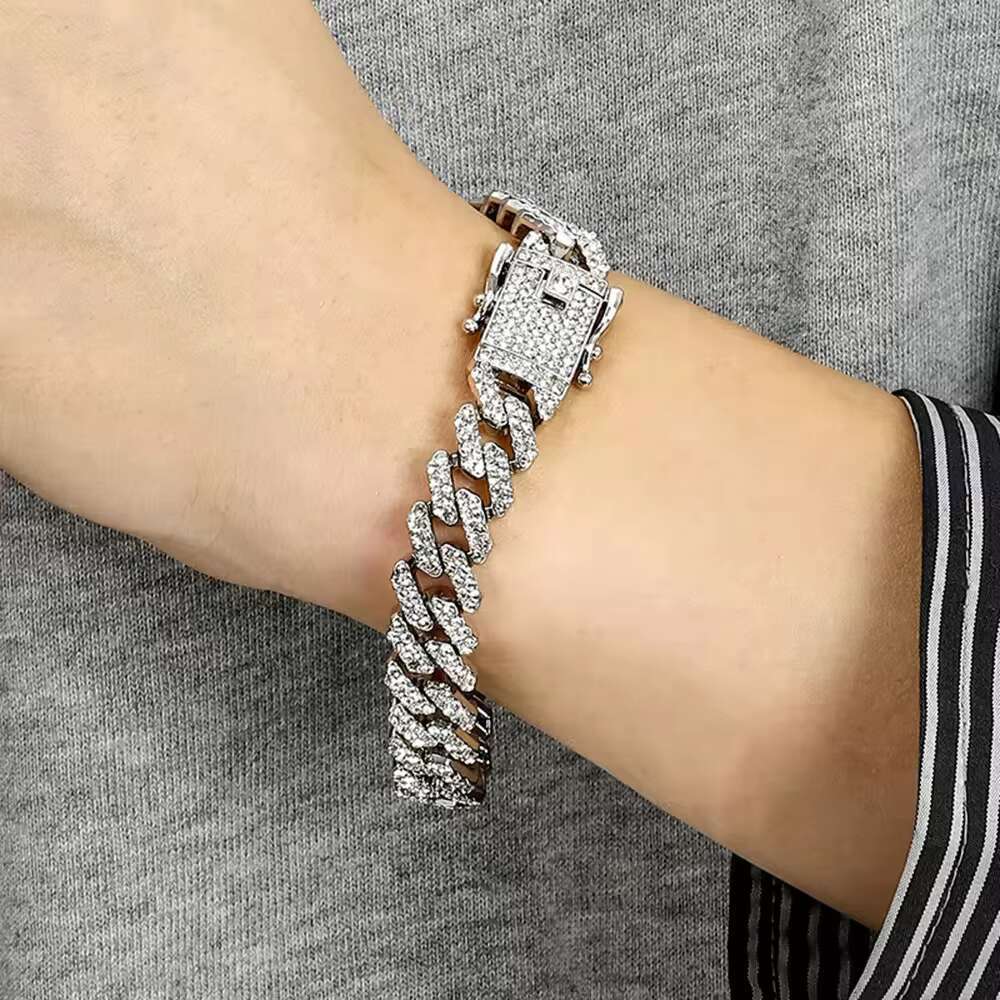 Factory Stock Iced Out Alloy with Two Row Bg Rhie Hip Hop 12mm Width Cuban Chain Bracelet