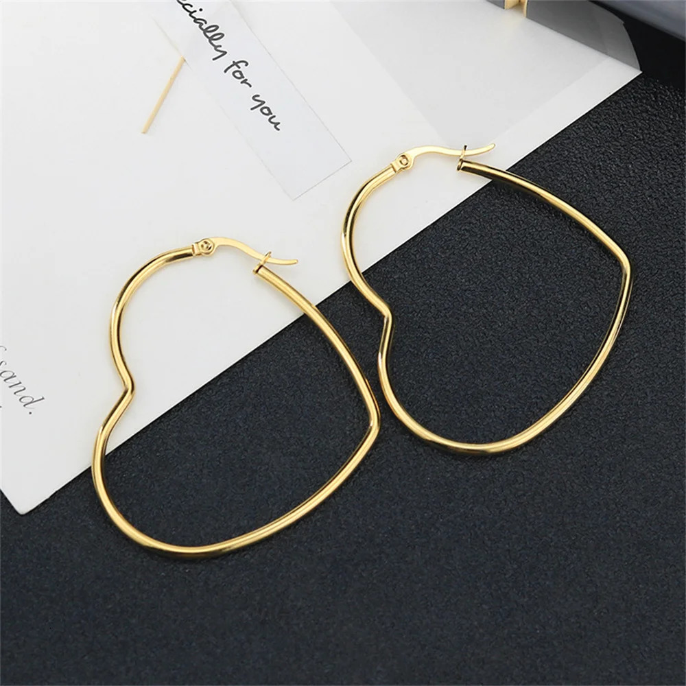 1 Pair Simple Smooth Big Heart Hoop Earrings For Women Lady Exaggerated Gold Color Stainless steel Jewelry Gift Drop 251110 - view 6
