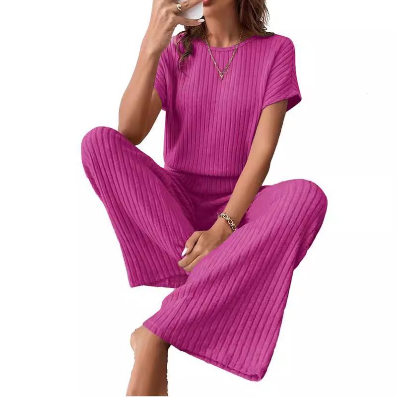Women's New Solid Color Fine Pit Fashion Shoulder Short-Sleeved Knitted Top Trousers Two-Piece Suit