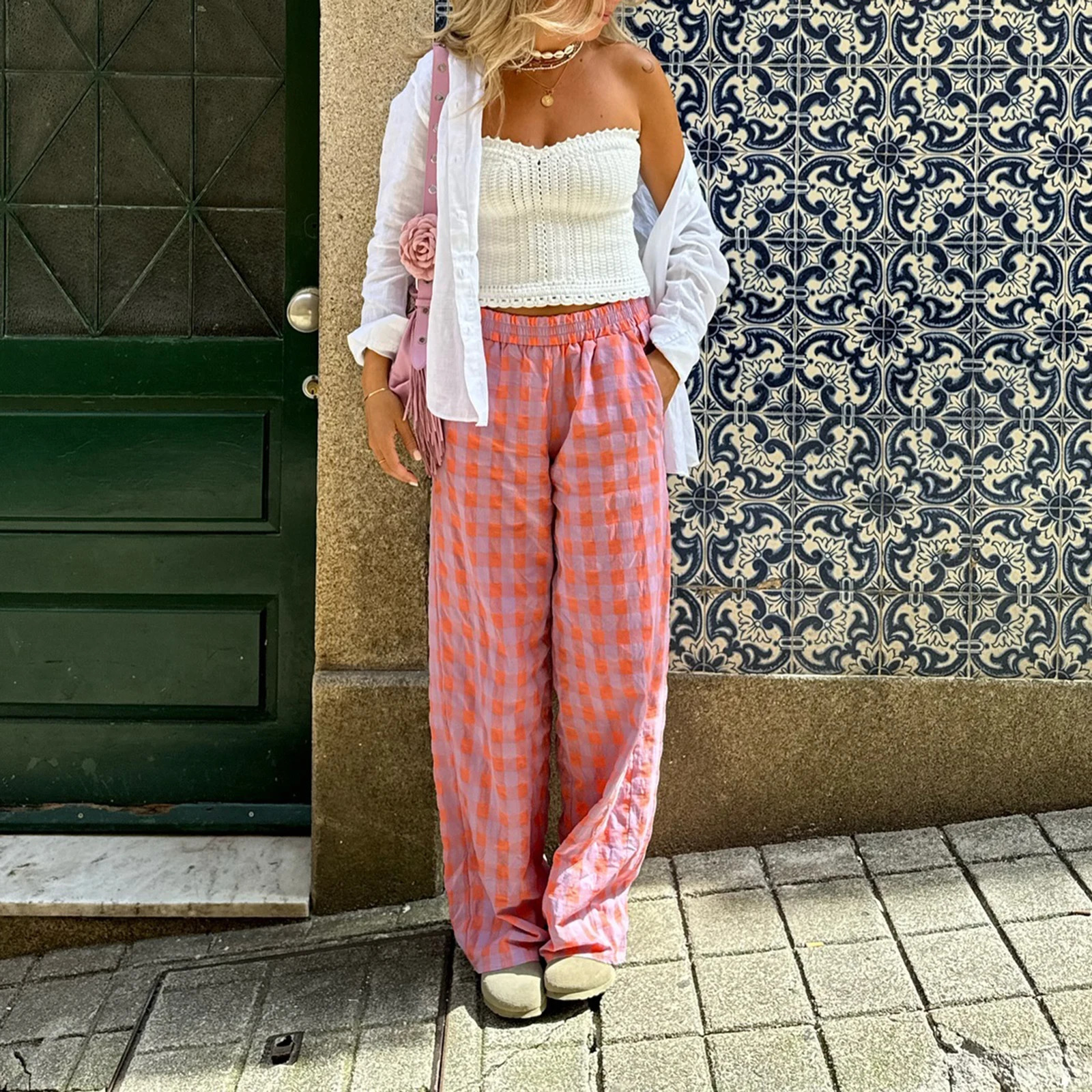 Combhasaki Womens Y2K Vintage Plaid Print Long Pants Elastic High Waist Wide Leg Loose Casual Aesthetic Trousers with Pockets 250409