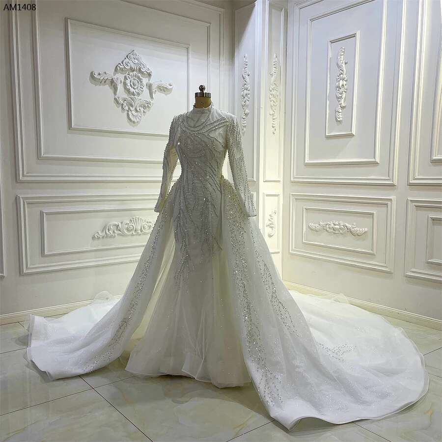 Customized AM1408 High Neck Full Beading Lace Muslim 2 In 1 Mermaid Wedding Dress