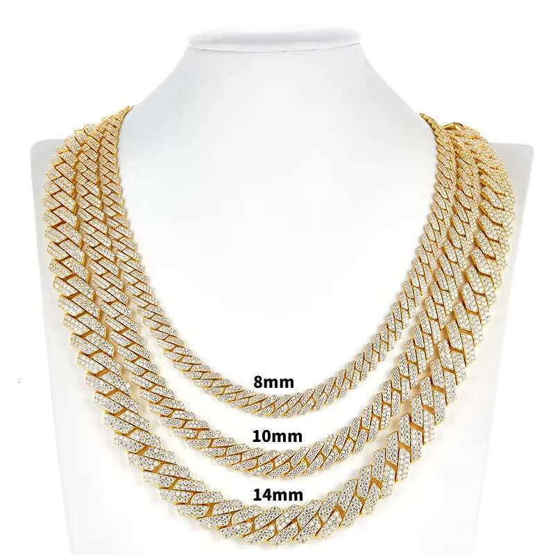 White Gold 8-12mm 2 Rows Vvs Moissanite Diamonds Pass Tester Sterling Silver Miami Cuban Chain Moissanite