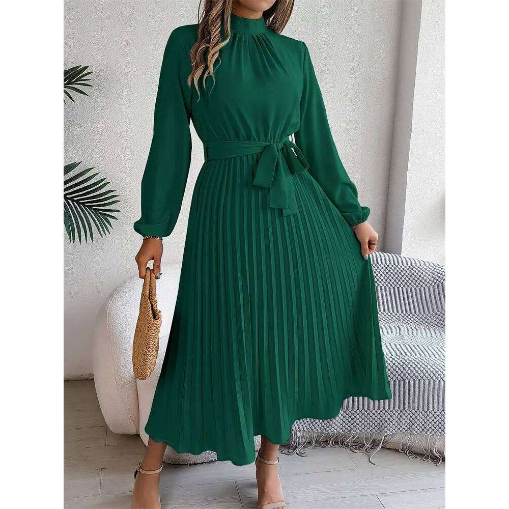 Msfilia Elegant Stand Collar Spring Summer Solid Long Women Full Sleeve High Waist Design Pleated Dress