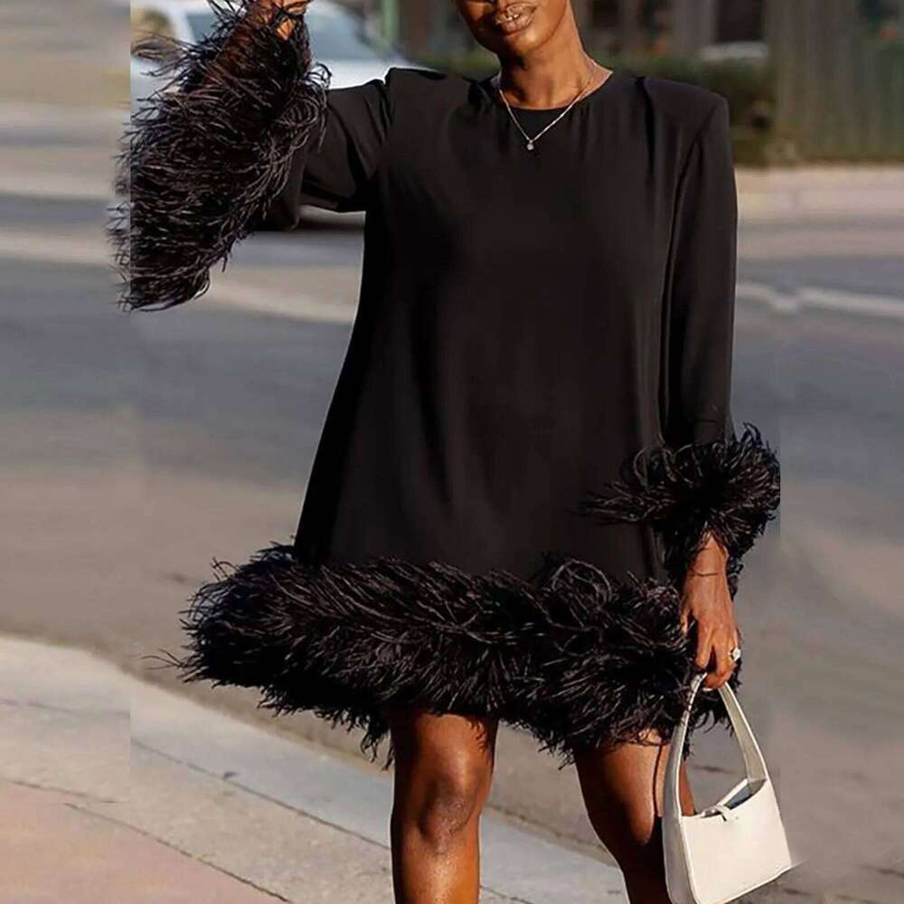 Feather Fur Patchwork Mini Elegant Party Long Sleeve Dress Autumn Winter Women Sexy Personality Y2k Vestidos 2023 Solid
