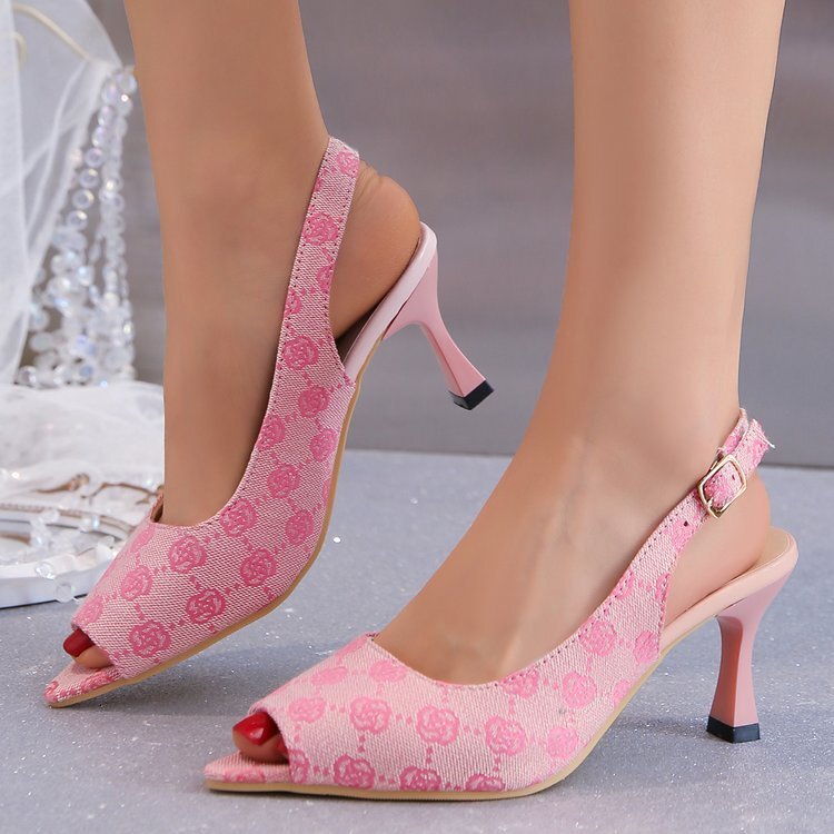 Free Shipping 2025 New Luxury Designer Shoes Big Size Fashion Printed Pink Pointed Toe Stilettos Sandals for Women