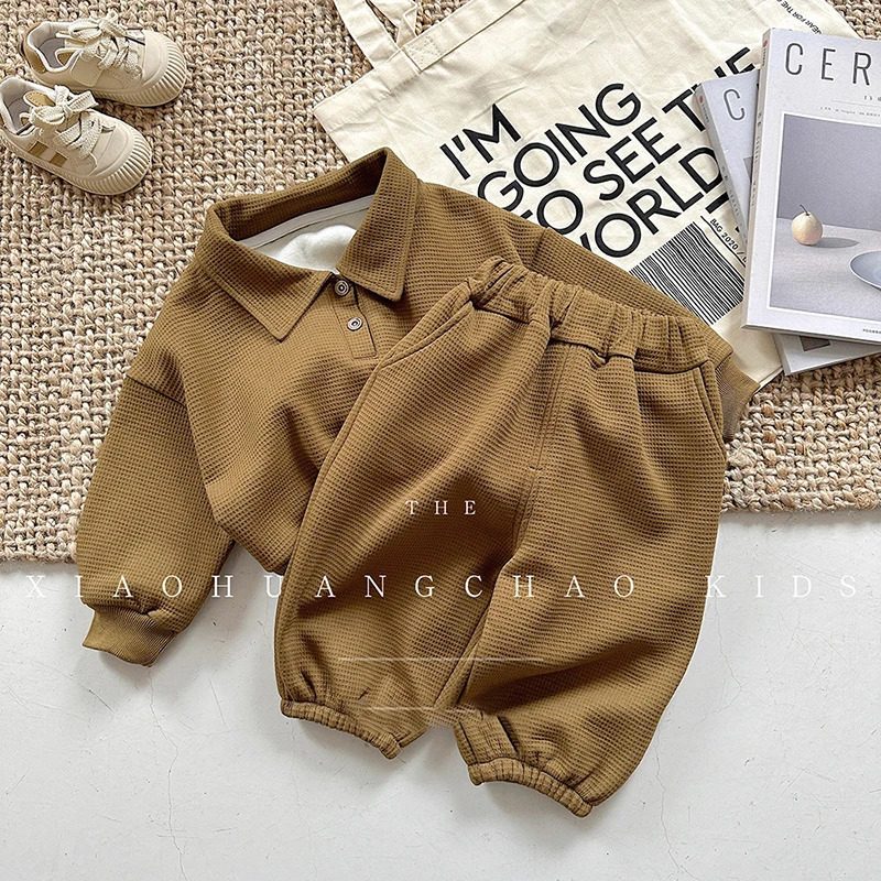 Korean boys winter set fashion plush polo shirtwaffle pants autumn two-piece set womens top and bottom pants set 250409