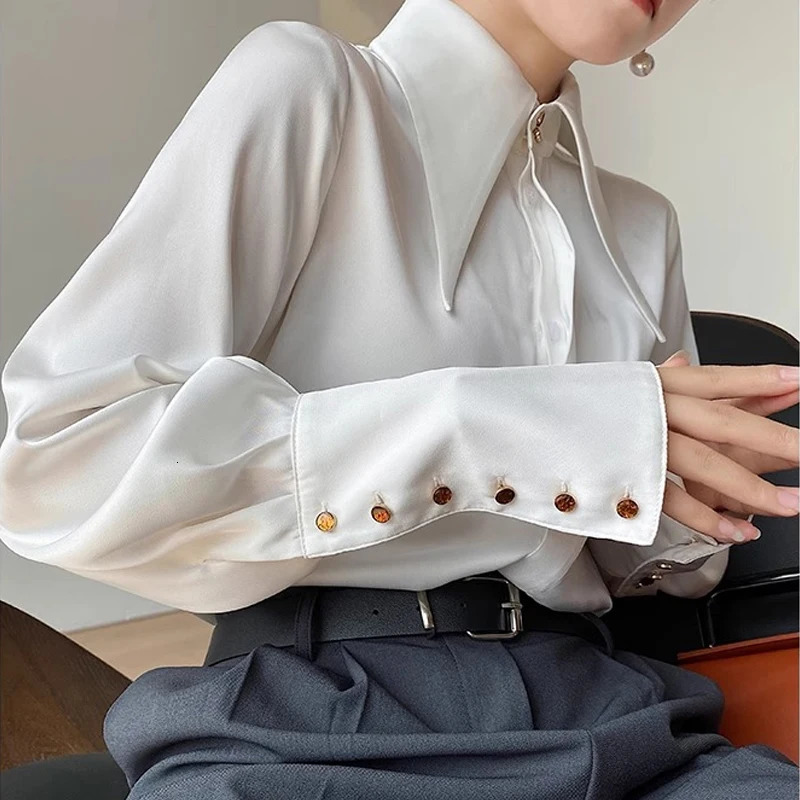 Elegant satin silk womens shirt Spring and Autumn retro collar womens shirt White office womens shirt Top Blue 16946 250409