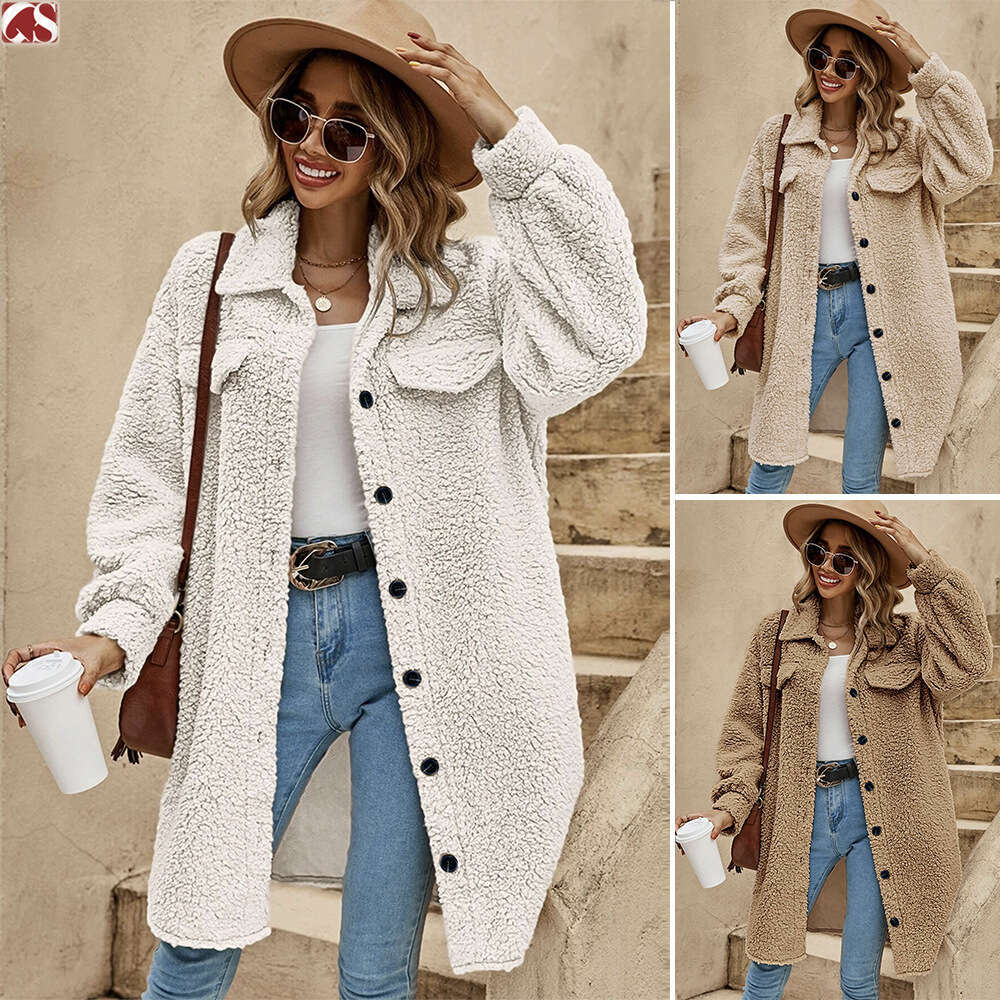 Cross-Border New European and American Winter Open Button Lapel Plush Loose Elegant Commuter Long Coat for Women