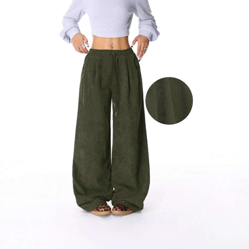 2025 Cross-Border European and American Amazon New Lazy Style High-Waisted Casual Versatile Draped Drawstring Wide-Leg Pants