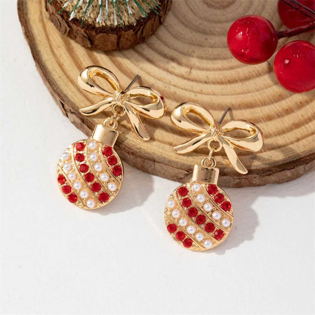 Christmas Holiday Drop Earrings Bowknot Imitation Pearl Red Rhinestone Light Bulb Pendant Earrings Jewelry Gift For Women Men J251110
