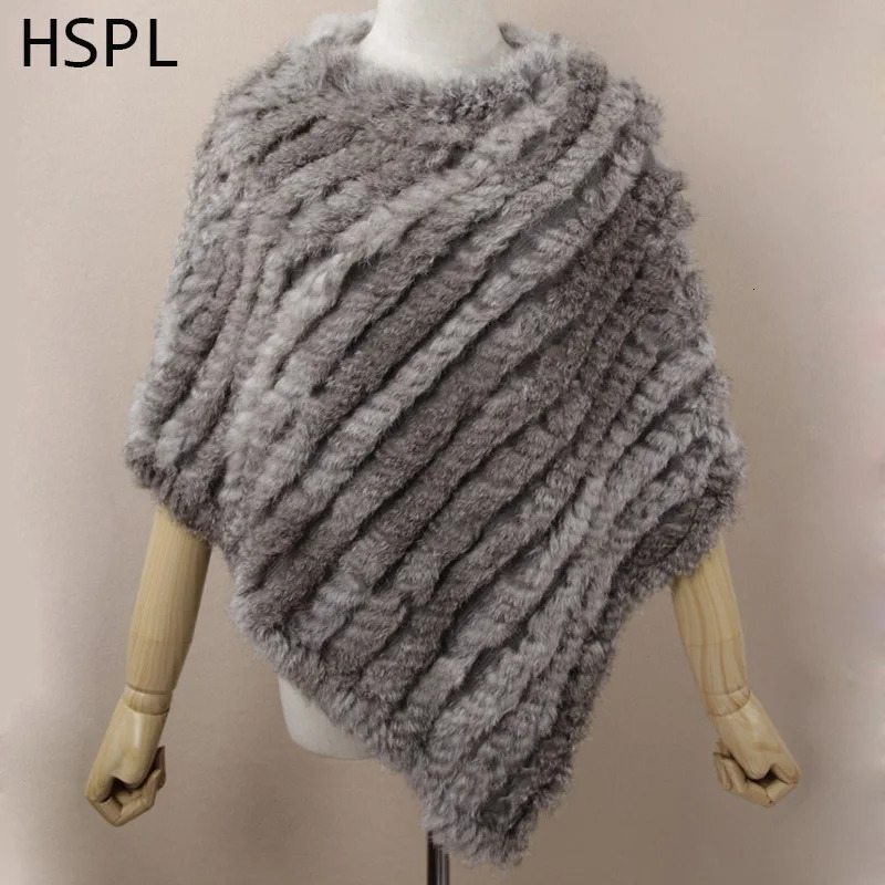 HSPL Fur Poncho Autumn Real Rabbit Triangle Knitted Women Pullover Lady Pashmina Wrap poncho pele de coelho 251110