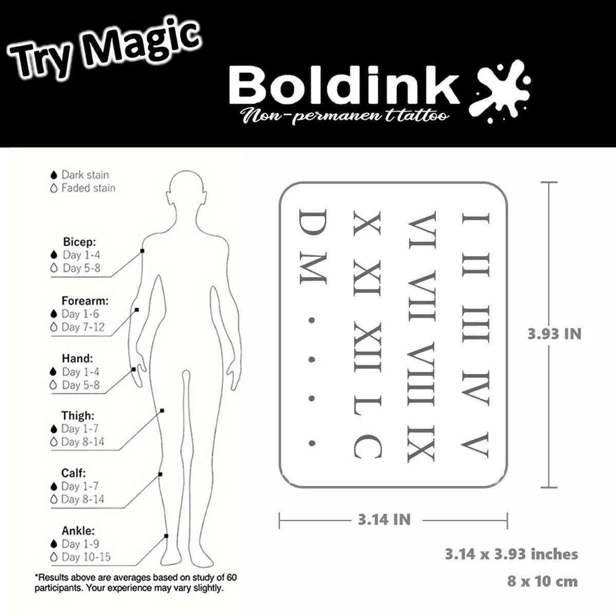 Roman numeral Boldink temporary tattoo lasting for 15 days with new technology waterproof semi permanent sticker. W250410