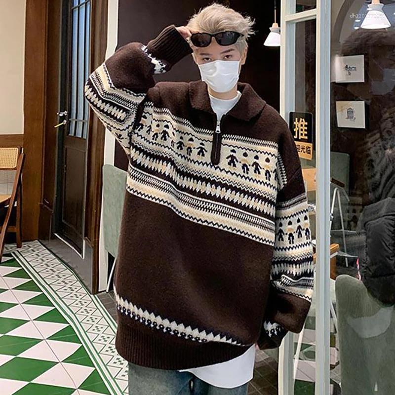 Men's Sweaters Autumn Winter Lapel Zipper Christmas Sweater Knitwear Jumpers Vintage Pattern Personalized Pullover Y2K Male Knit