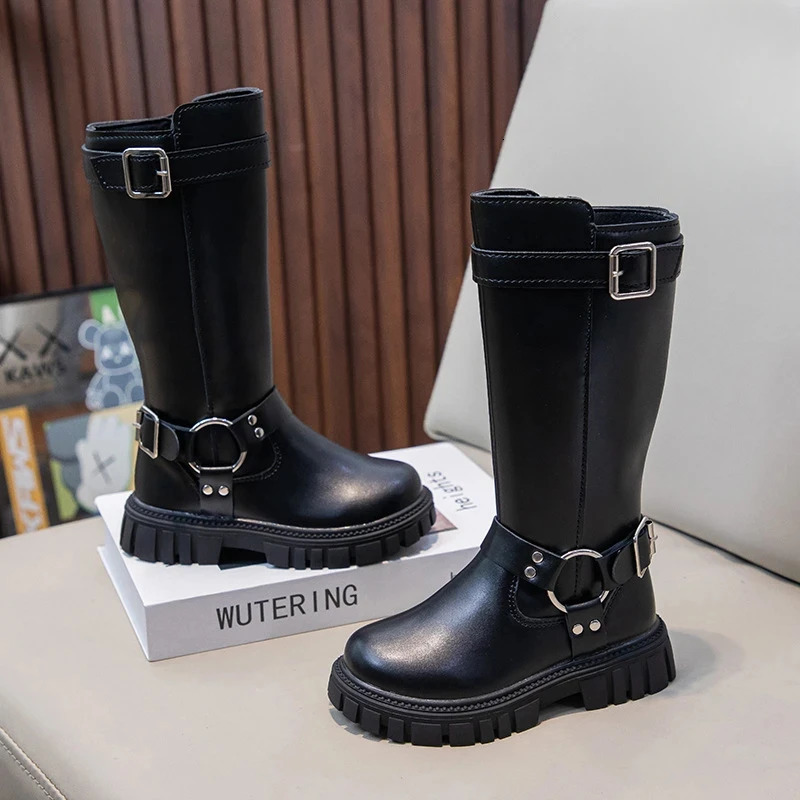 Winter Kids Fashion Boots Black School Girls Catwalk Boots Matte PU Non-slip Children Causal Cotton Boots Long High Versatile 251104