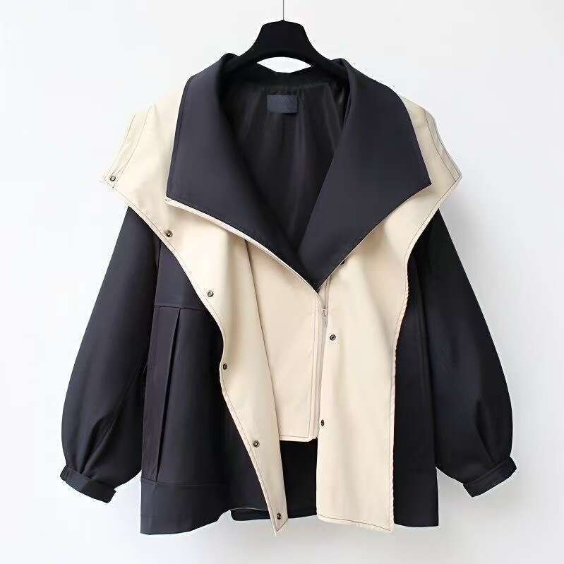 2025 Autumn New European and American Women's Fashion Loose Turn-Down Collar Hooded Zipper Patchwork Trench Coat
