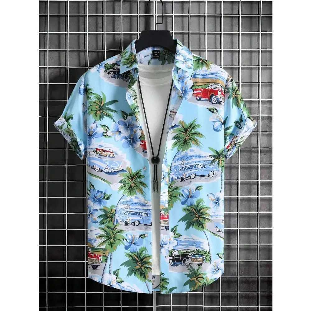 Summer Mens Fashion Hawaiian Collar Shirt Plant Flower Design Short Sleeve Button Top Seaside Top X250410