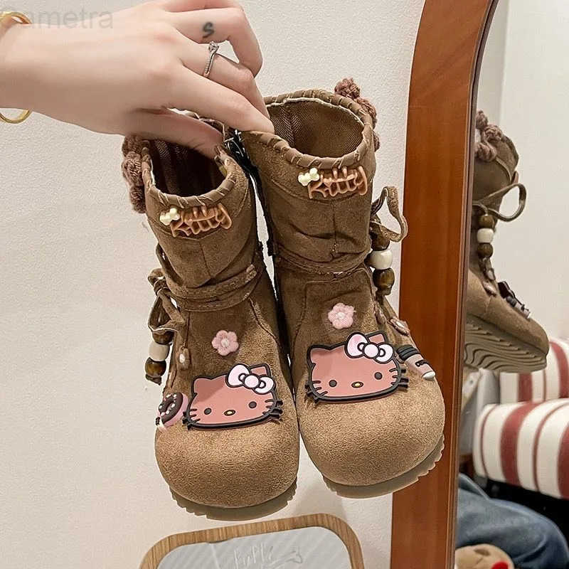 Sanrio Kawaii Hello Kitty Children Cute Cartoon Comfortable Warm Boots Cotton Boots Fleece Flat Shoes Christmas Gifts for Kids H251110