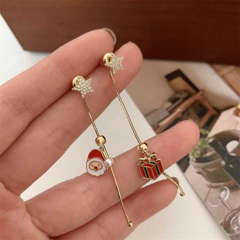 Moving Santa Claus Asymmetric Long Tassel Drop Earrings For Women Christmas Tree Snowflake Star Zircon Earring New Year Jewelry J251110