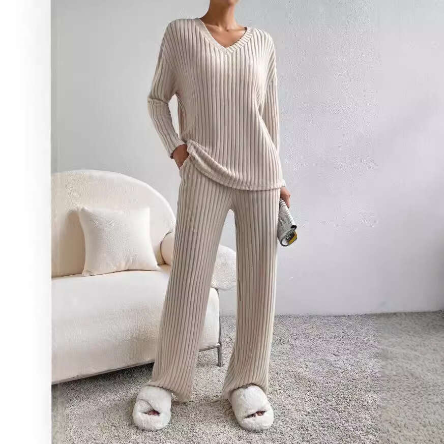Cross-Border Two-Piece for Women 2023 Autumn New Fashion Casual Straight-Leg Pants Elegant Loose V-Neck Ribbed Knit Set