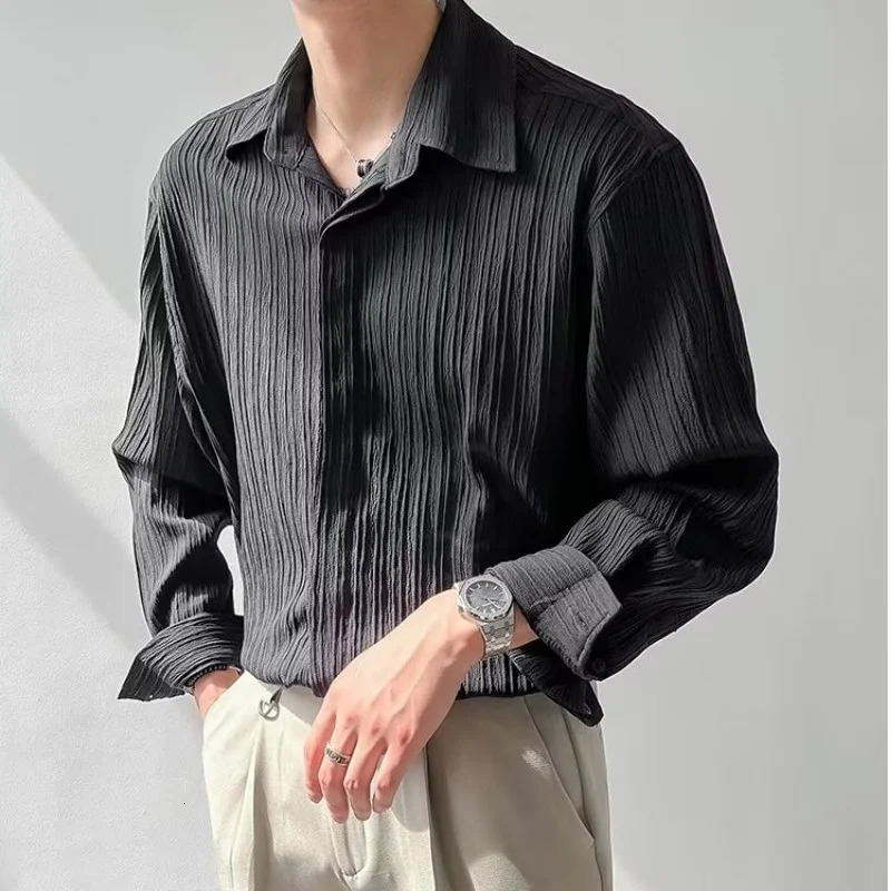 Black Apricot White Long-sleeved Shirt Men Fashion Social Mens Dress Shirt Korean Loose Casual Pleated Shirts Mens Formal Shirt 250408