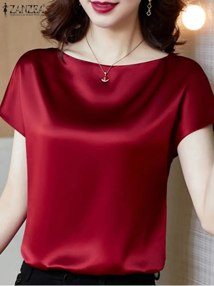 ZANZEA Summer Fashion Shirt Elegant Short Sleeve Satin Shirt Womens Fashion OL Work Shirt Womens Party Blusas Tunic Chemise 250409