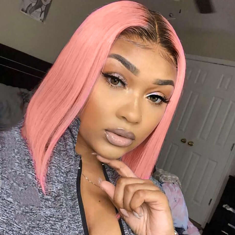 Natural Looking Human With Transparent Lace Front 13X6x1 Ombre Pastel Short Bob Cut, Bleached Knots Pre-Plucked - Lightweight Pink Hair Wig Women Men,
