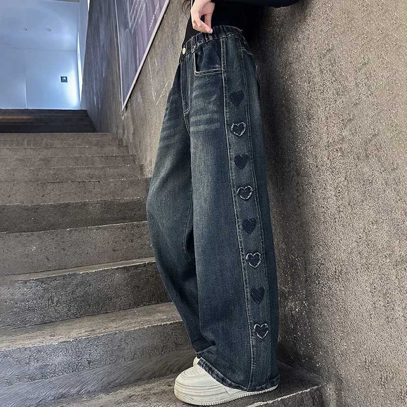 Autumn Teenager girl Heart Jeans Fashion RETRO Wide Leg Straight Denim Pants For Casual Streetwear Jeans Trousers 5-14Y C251110