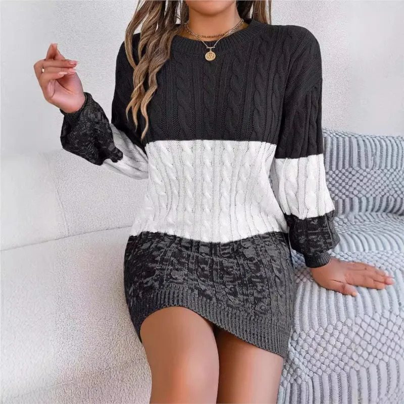 Womens Knitted Sweater Dress Color Blocked Autumn And Winter Elegant Square Collar Button Long Sleeve Bag Hip Skirt 251110